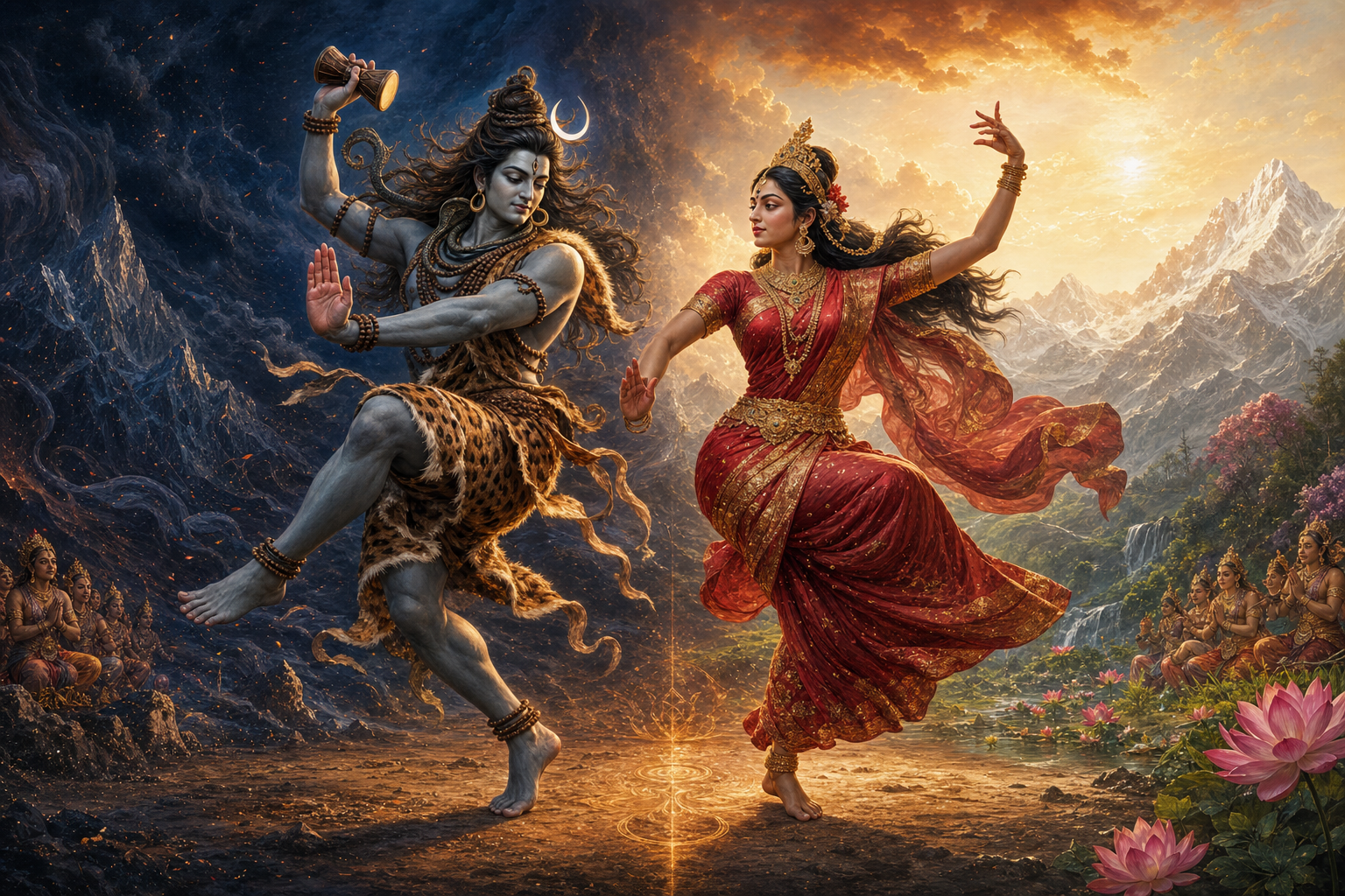 Shiva and Uma perform a coordinated dance in a Himalayan clearing surrounded by firelight, lotus blossoms, and new green growth.