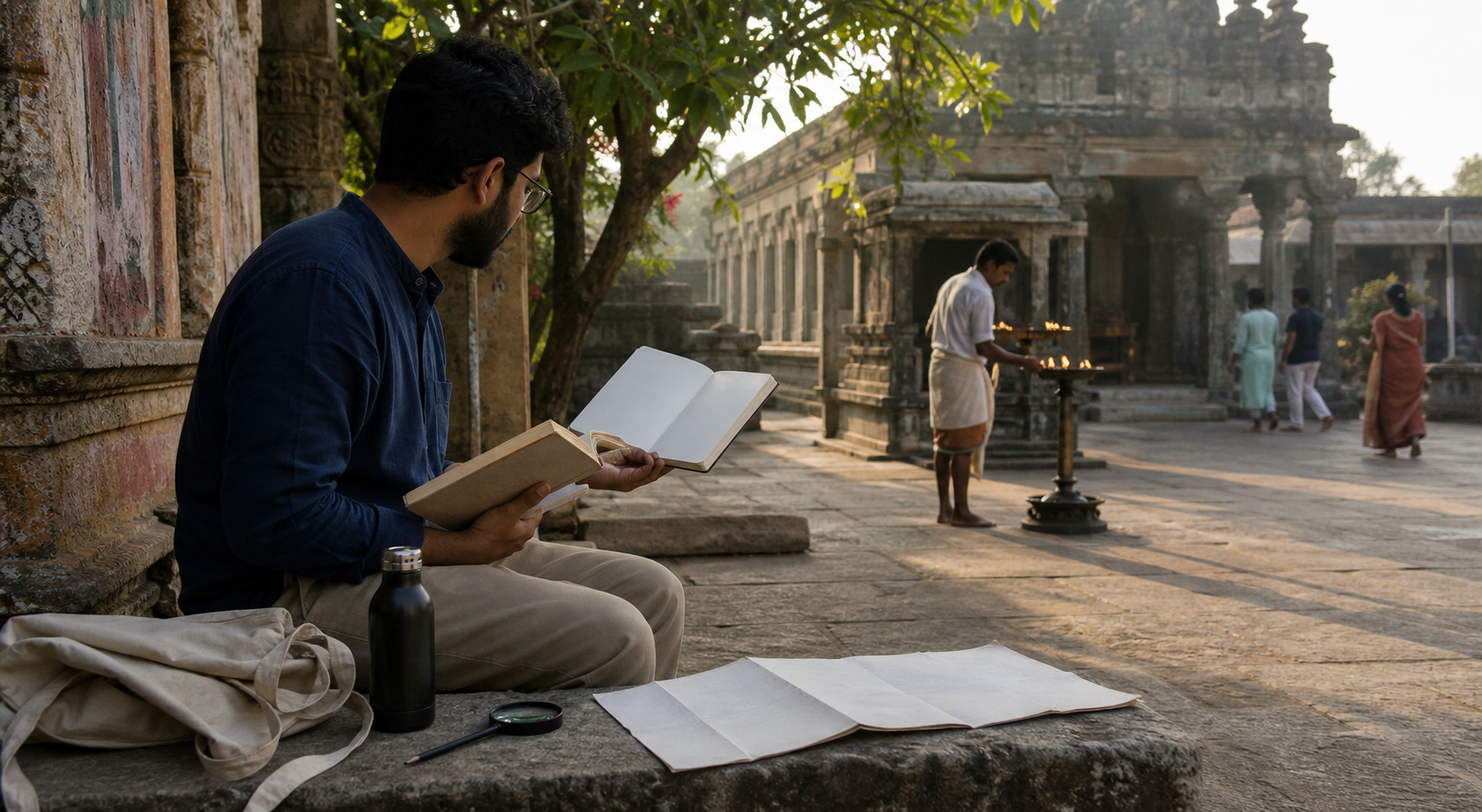 A reader takes field notes while studying the architecture and daily activity of a historic temple precinct.