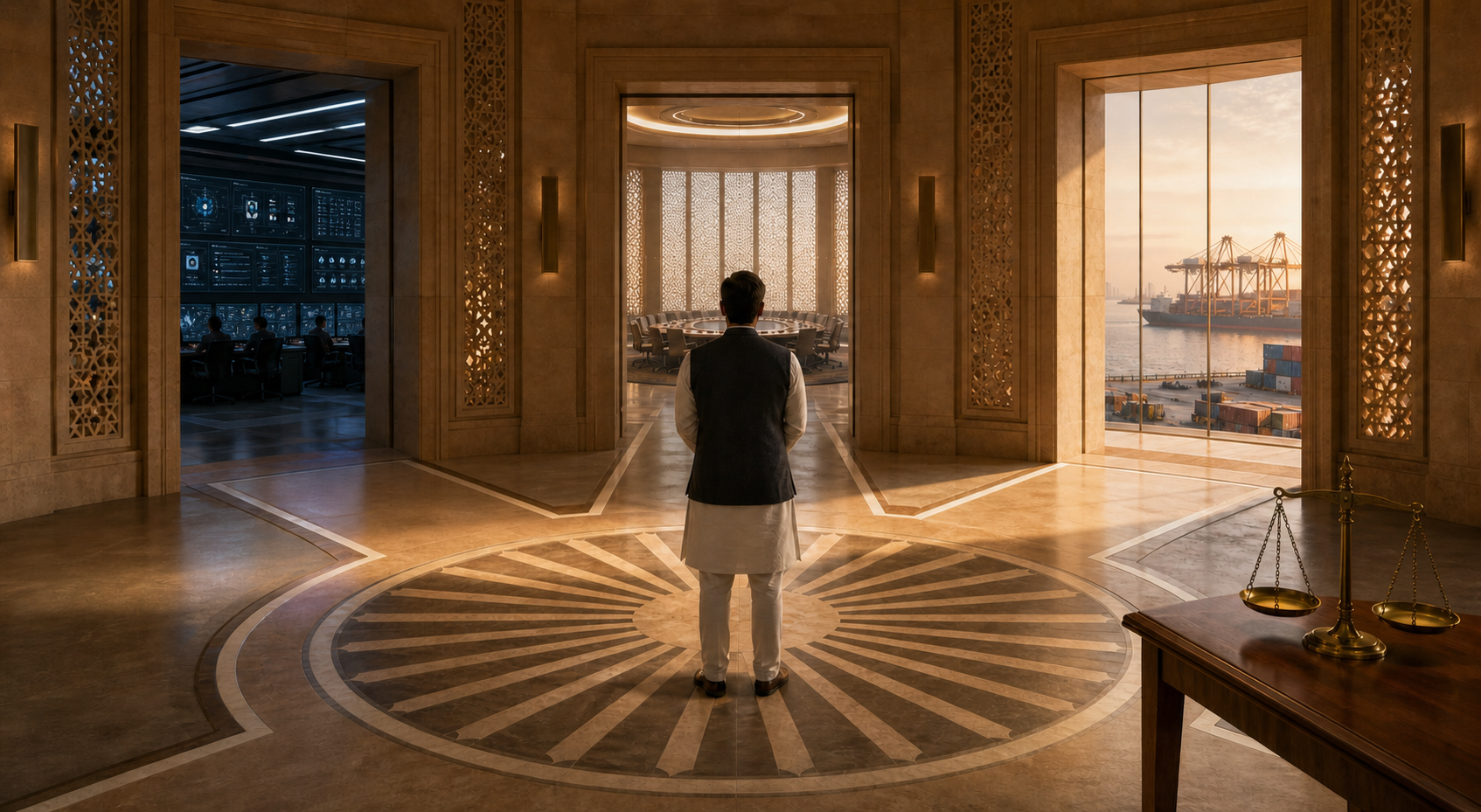 An Indian policy adviser stands at three corridors leading toward security, trade, and diplomacy spaces in a sandstone council building.