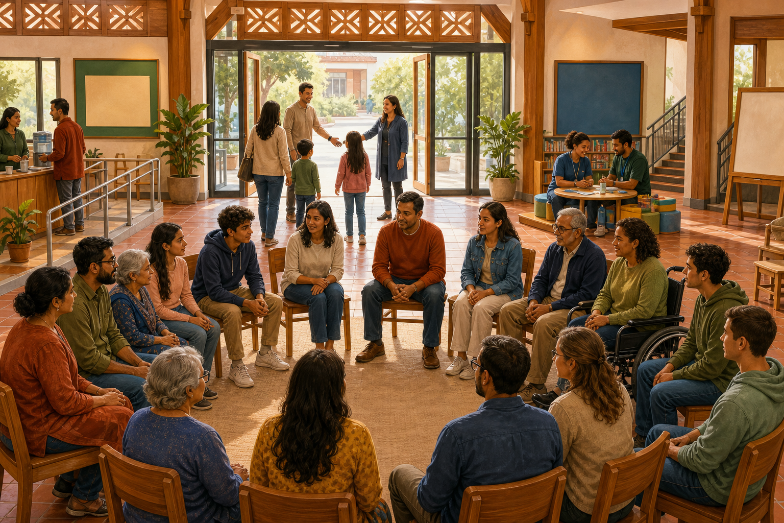 Families, young people, elders, volunteers, and a safeguarding specialist meet in an open circle inside a bright community hall.