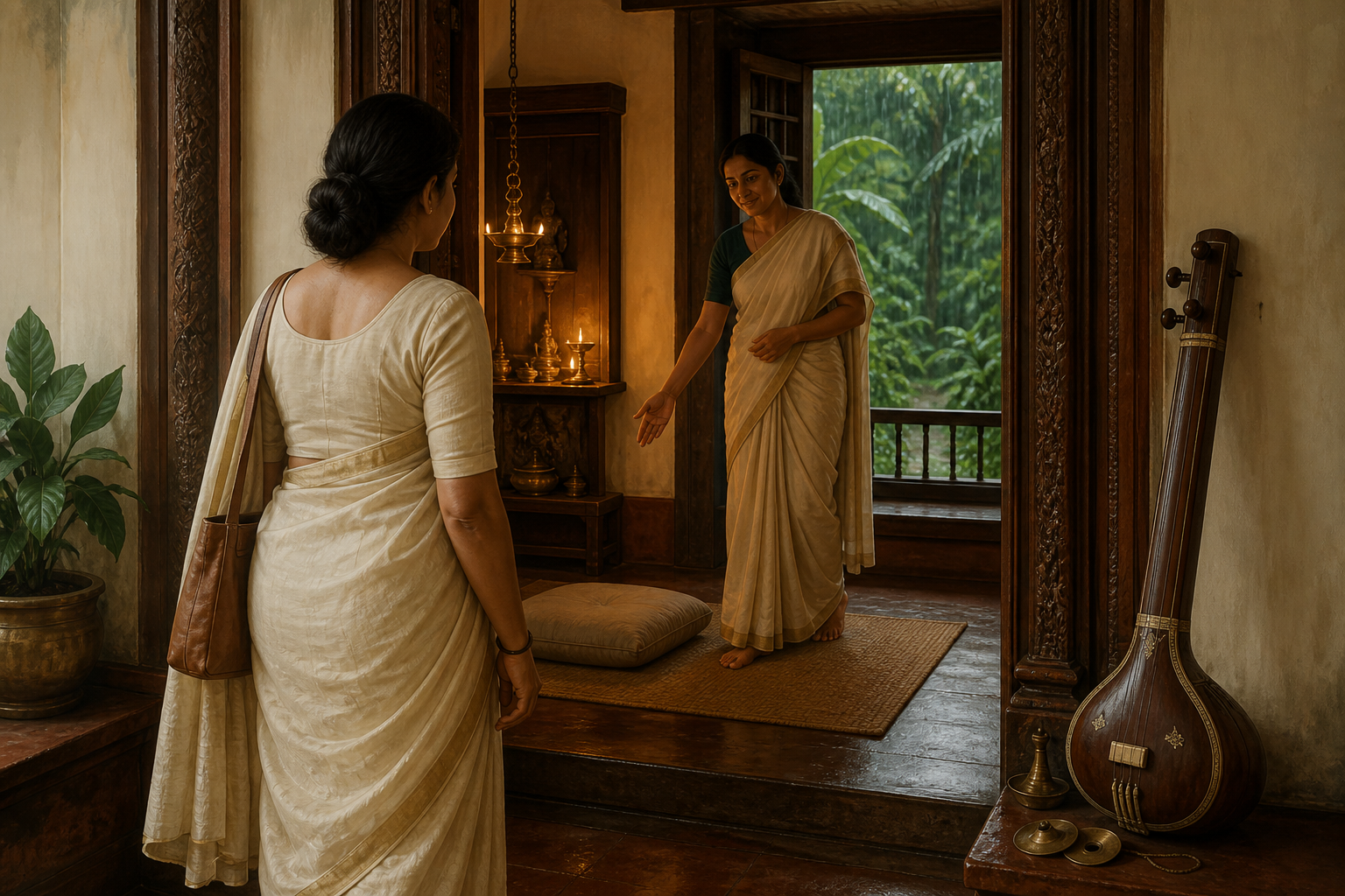 A woman stands at an illuminated doorway in a Kerala home as another person welcomes her toward a prayer space with musical instruments nearby.