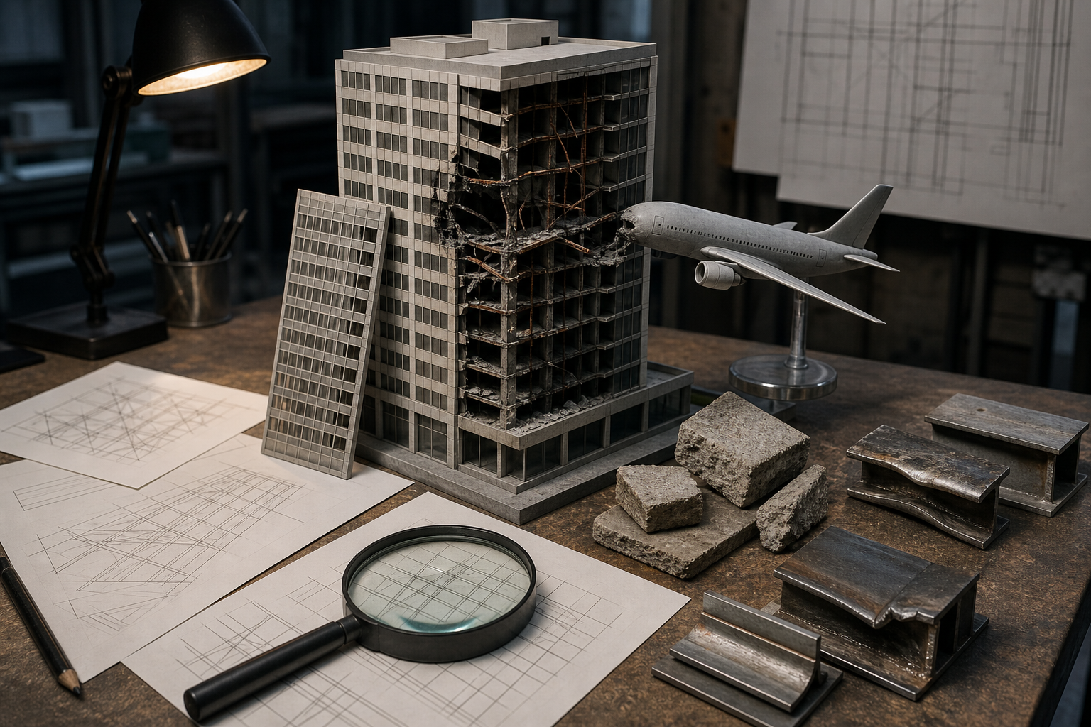 Engineer’s worktable with cutaway building and aircraft models, steel and concrete samples, a magnifying glass, and unlabeled diagram sheets.
