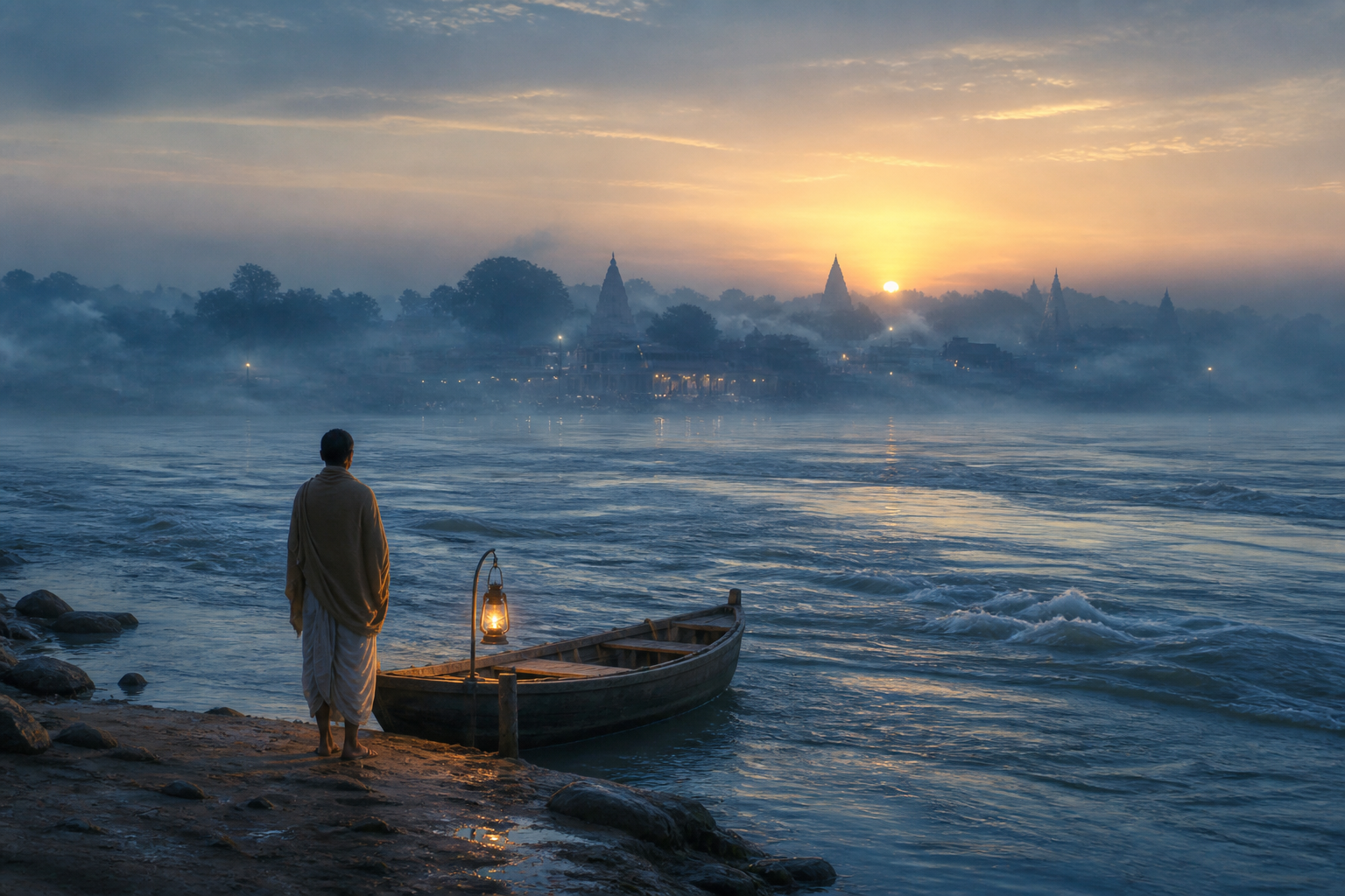 A devotee approaches a lantern-lit wooden ferry on a misty river before sunrise, with the far shore visible in the distance.