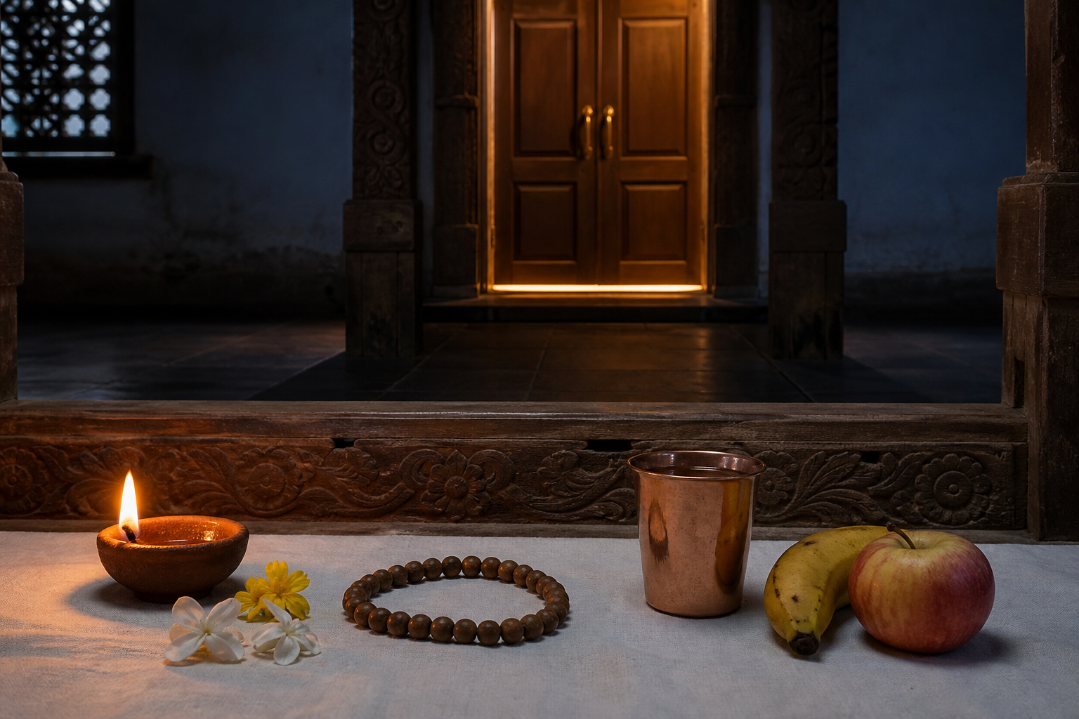 A simple prayer space with a clay lamp, water, fruit, flowers, and beads stands before a respectfully closed inner-sanctum door.