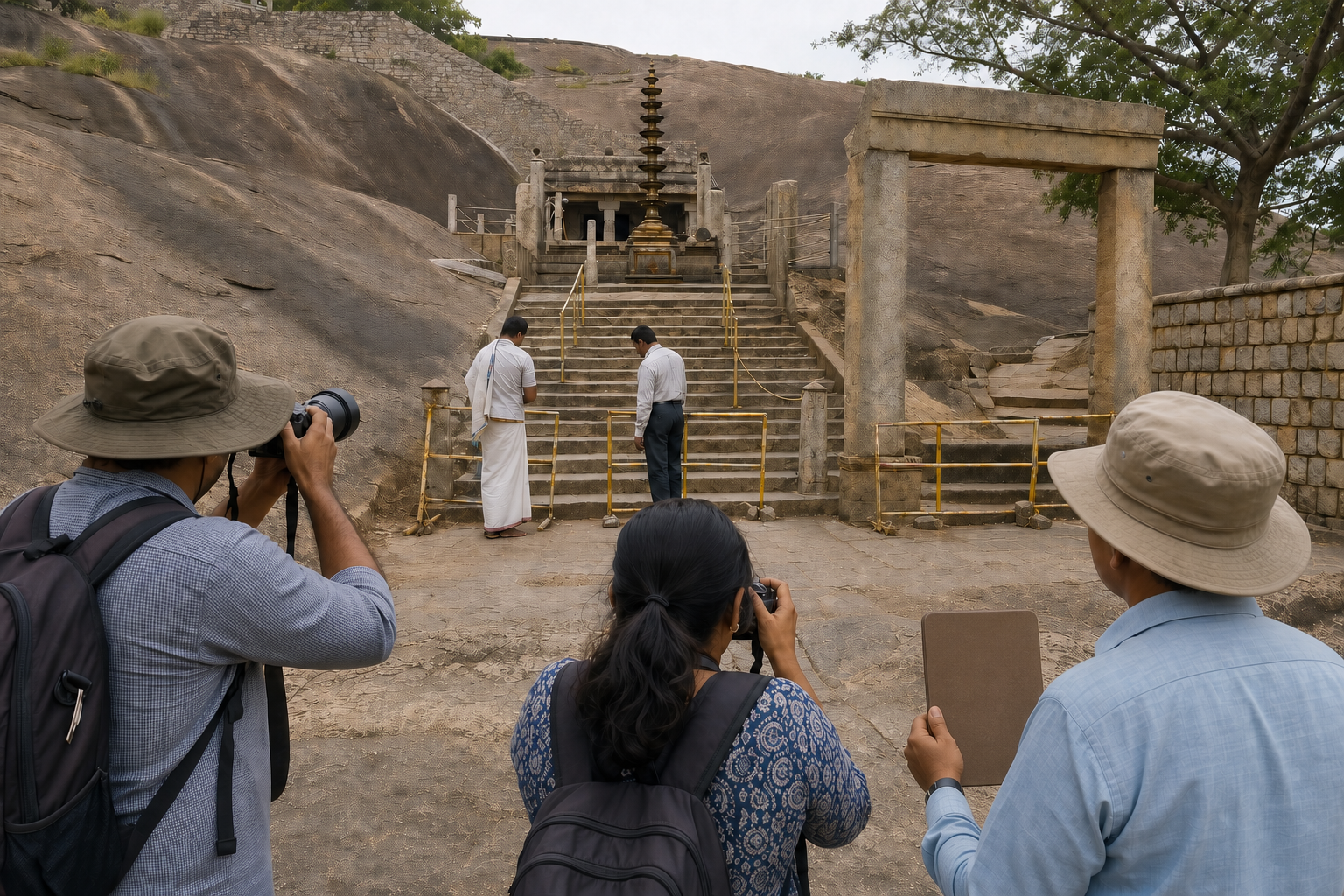 Observers document a lamp site, temporary barriers and access route near stone steps while a temple attendant and administrator inspect the boundary.