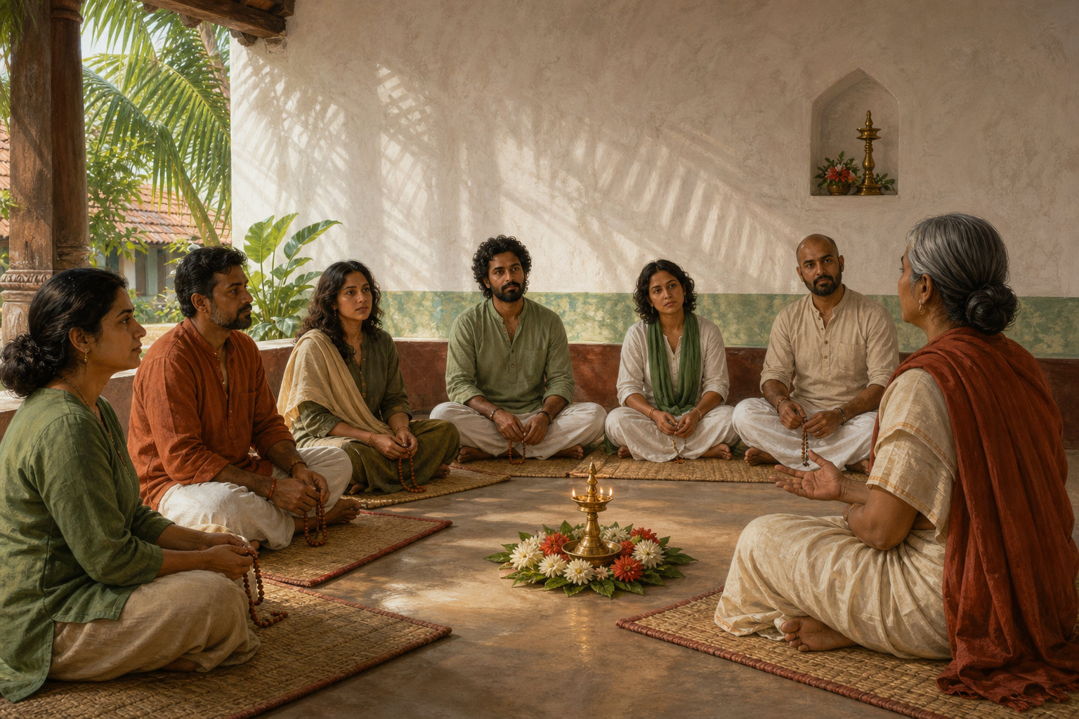 Adult learners sit in a semicircle around a lamp and flowers while an older woman guides a quiet devotional practice.
