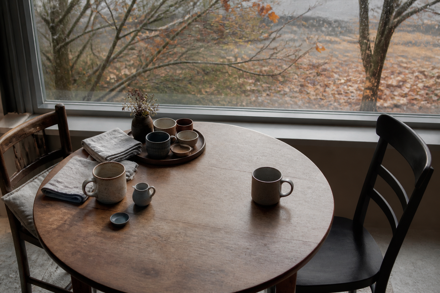A table holds several used cups on one side and a single untouched cup beside an empty chair, with changing foliage visible outside.
