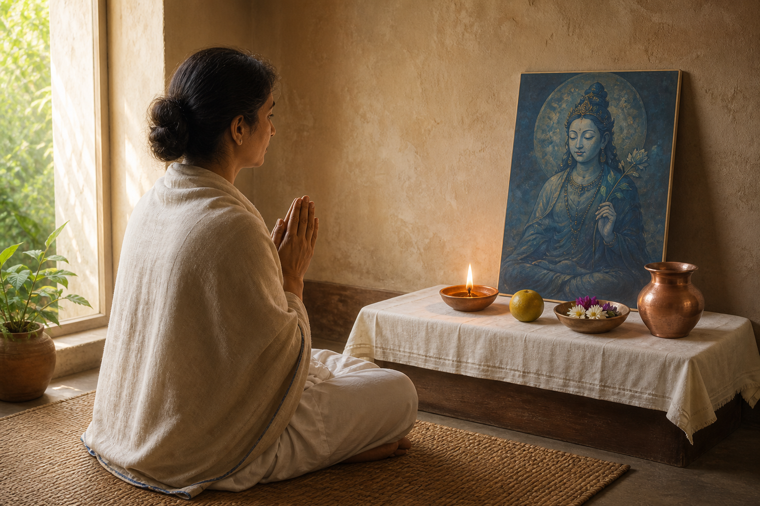 A practitioner sits in prayer before a clean home altar with a blue-toned Tara image, clay lamp, water, fruit, and flowers.