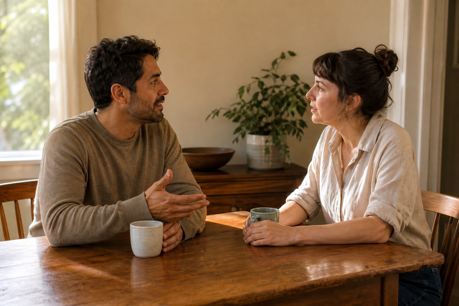 Two adults sit face to face at a wooden table, with one speaking calmly and the other listening.