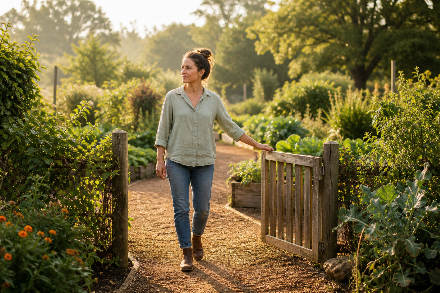 An adult gently closes a low wooden garden gate while stepping onto a sunlit path bordered by green plants.