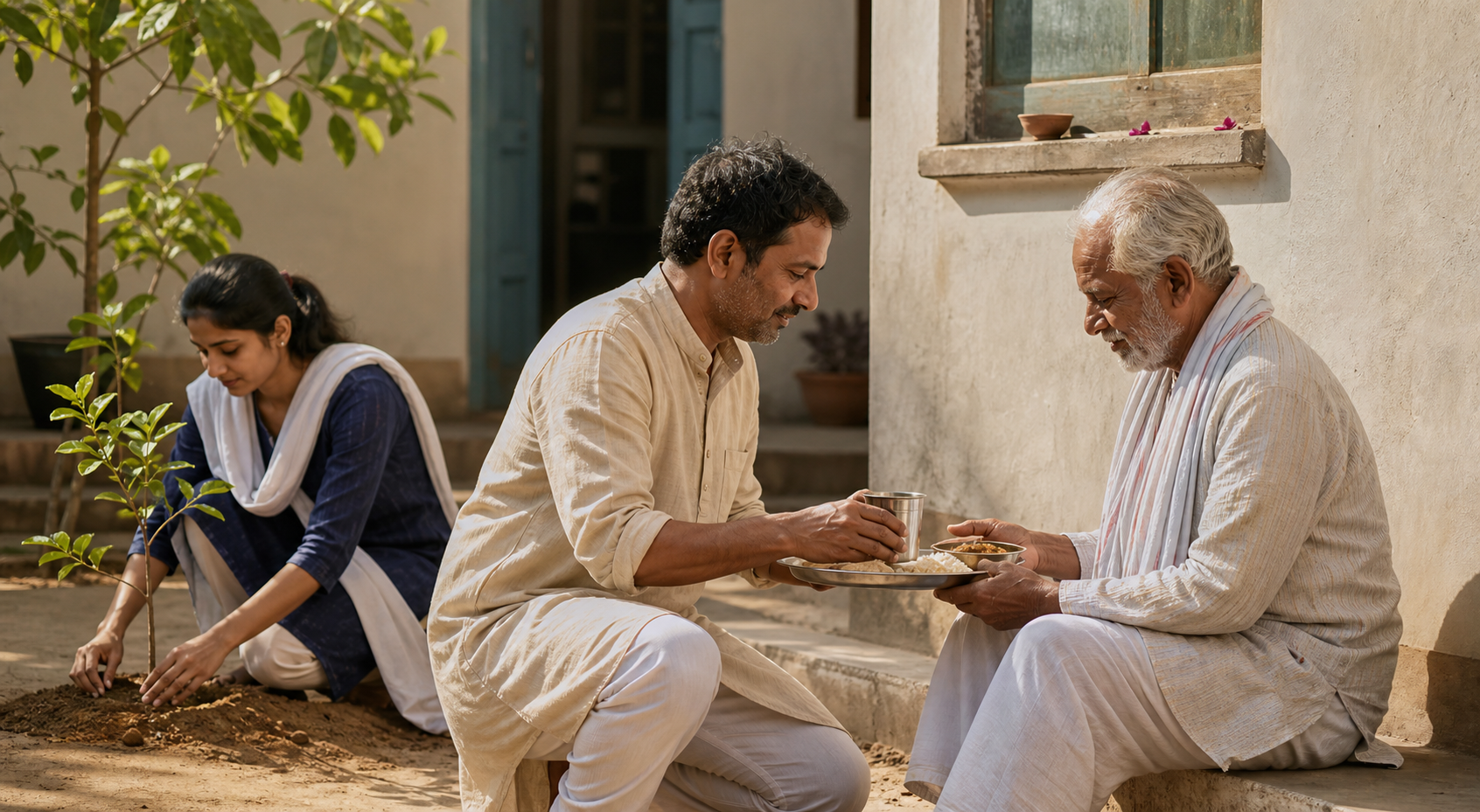A devotee offers water and food to an elderly neighbor in a sunlit courtyard while another person cares for a young tree.