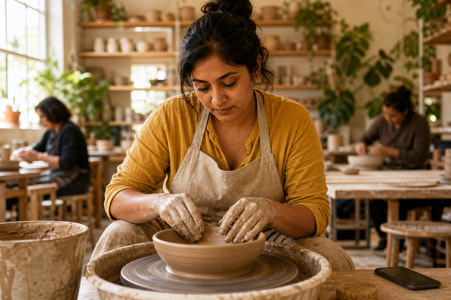 An adult shapes a clay bowl at a pottery wheel in a sunlit community studio while other participants work in the background.
