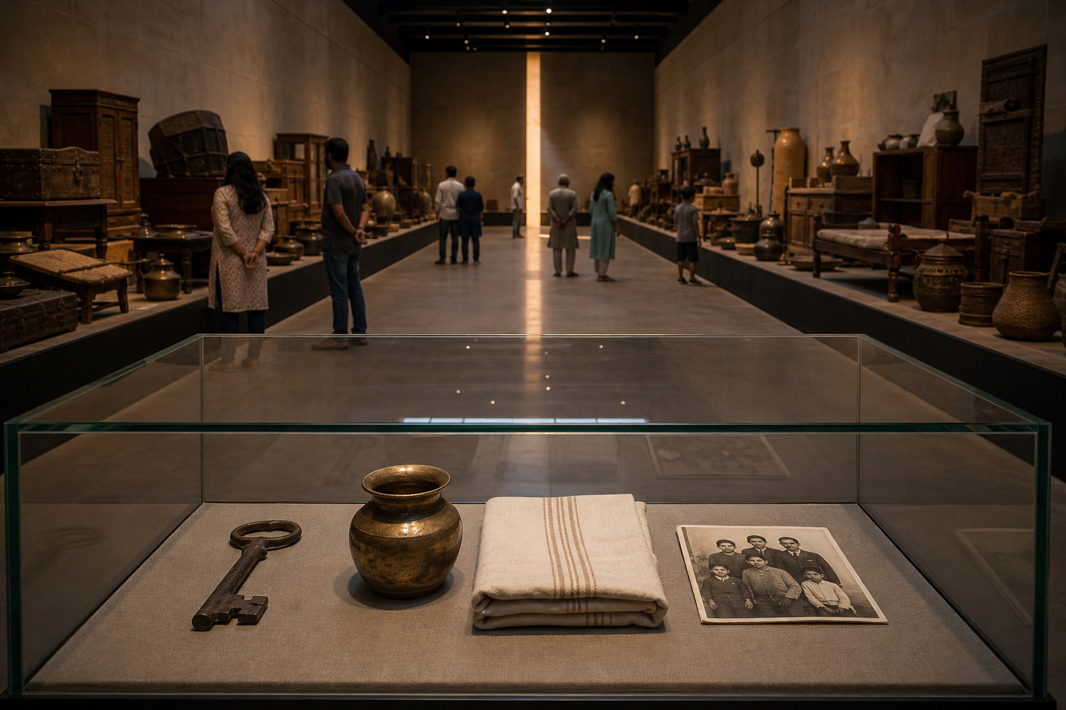 Visitors stand in a subdued museum gallery behind a display case containing an old house key, brass vessel, folded cloth, and family photograph.