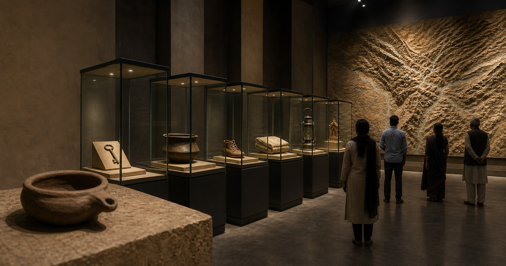 A museum gallery leads from a clay lamp on a stone plinth to cases of household objects and an unlabeled terrain relief.