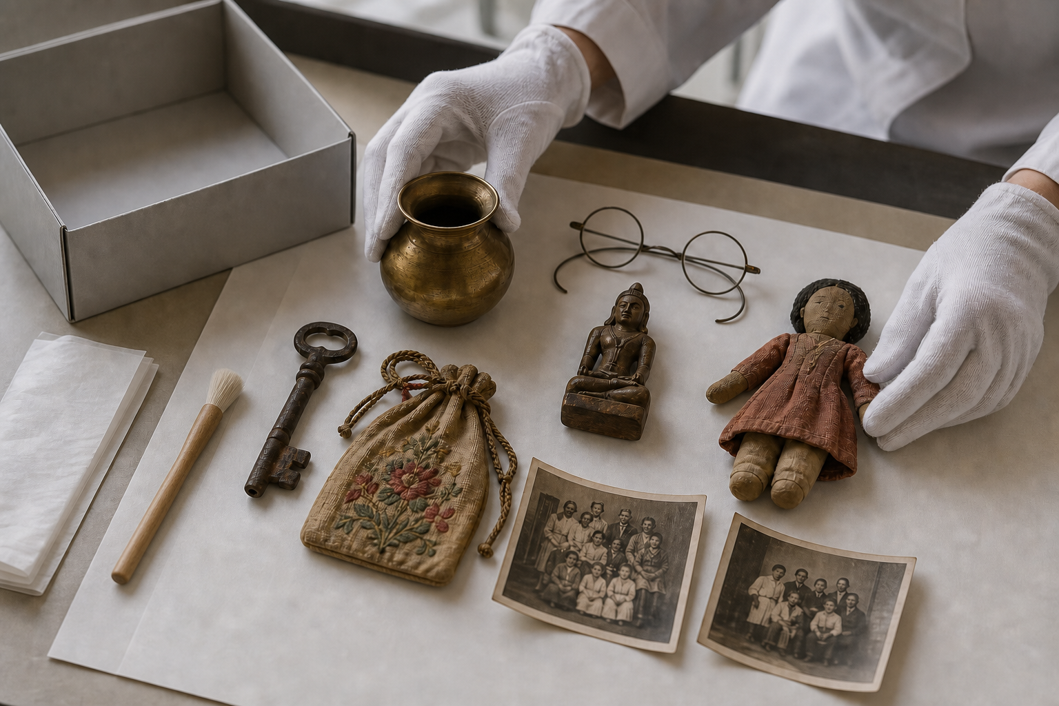 Gloved archivist hands arrange a house key, brass vessel, spectacles, deity figure, cloth pouch, doll, and family photographs on archival supports.