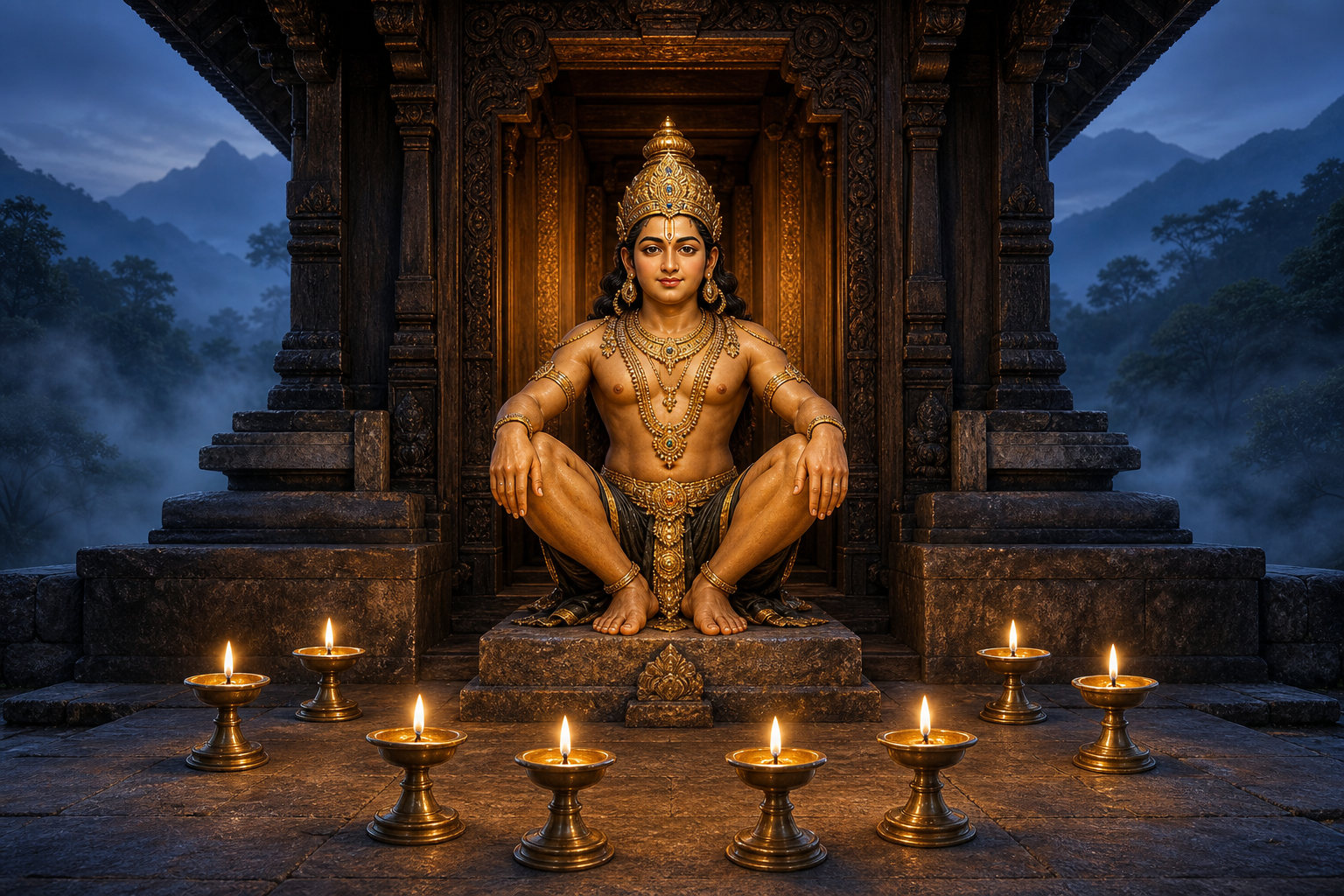 Lord Ayyappa sits in a yogic posture at a Kerala hill shrine, surrounded by eight glowing brass oil lamps.
