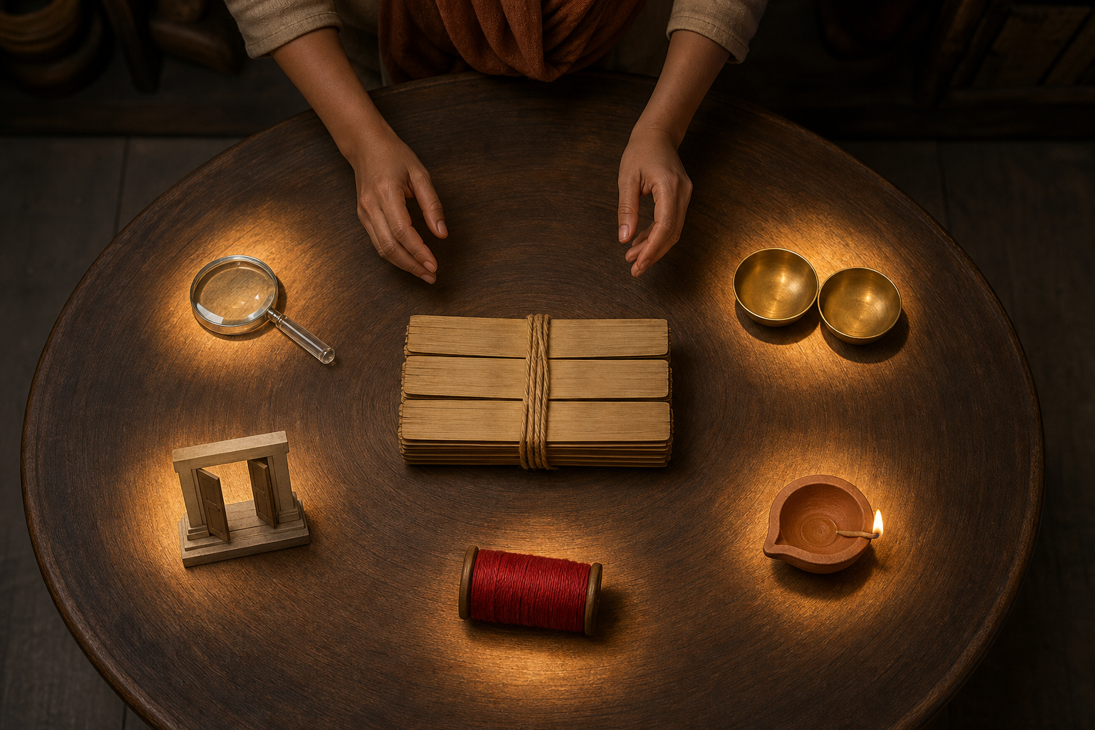 A curator arranges five symbolic objects around a palm-leaf folio bundle on a circular wooden table.
