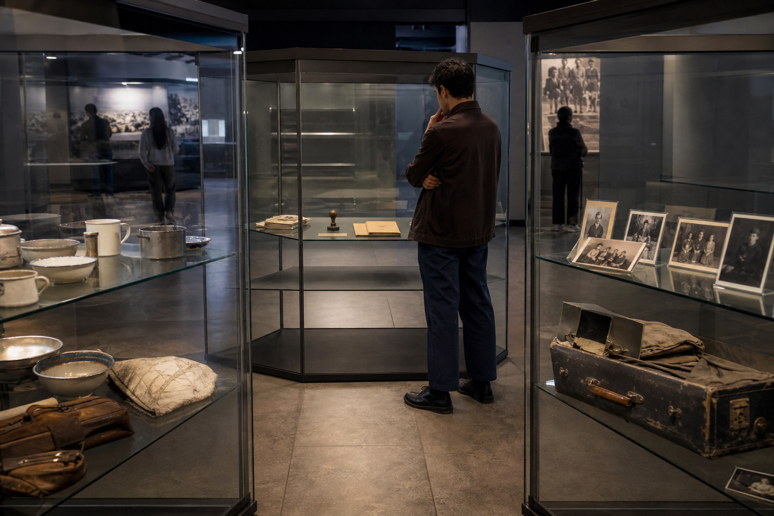 A visitor studies three museum cases containing household belongings, administrative objects, photographs, and a damaged suitcase.