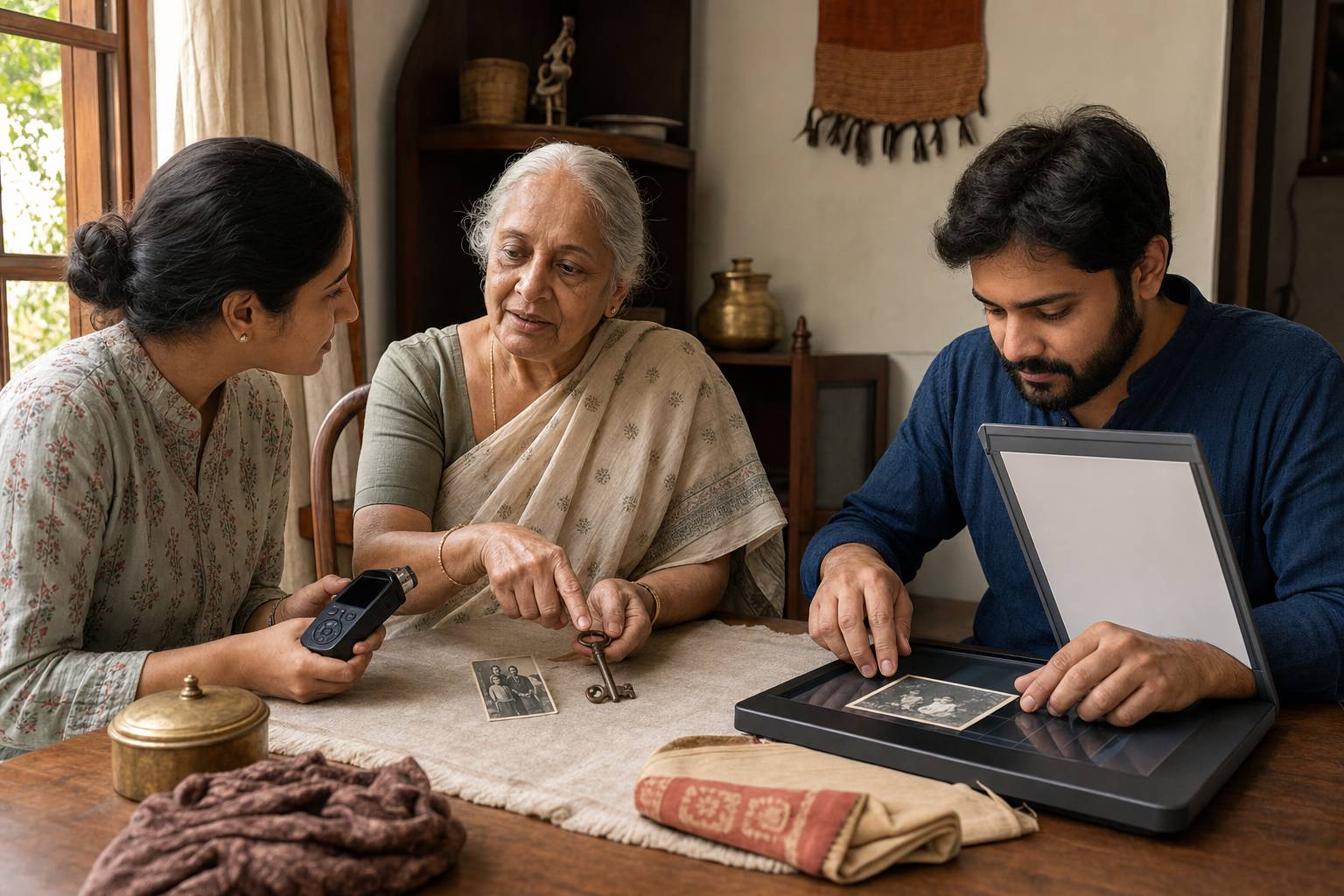 An elderly woman shares a house key and family photograph while younger relatives listen, make an audio recording, and scan the image.