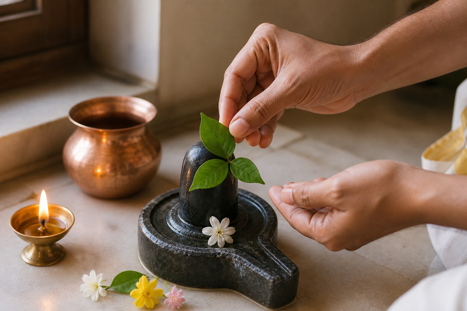A devotee's hands place a fresh Bilva leaf on a small stone Shiva lingam at a simple home altar.