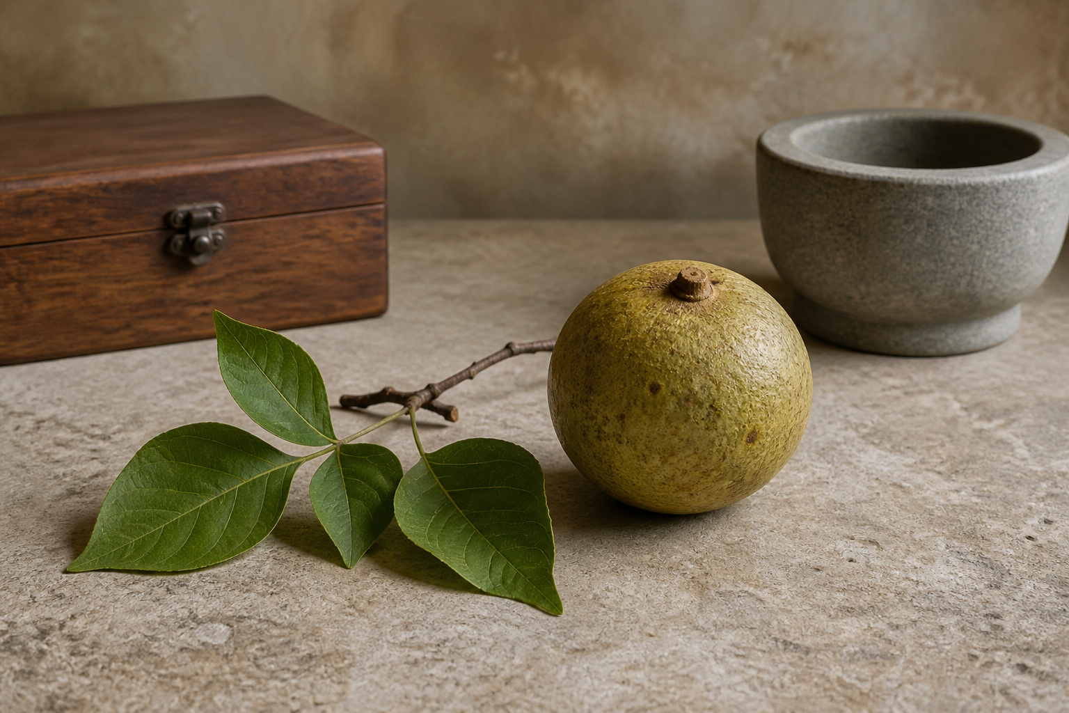 A Bilva branch with trifoliate leaves and a mature bael fruit rests beside a closed herb box and an unused stone mortar.