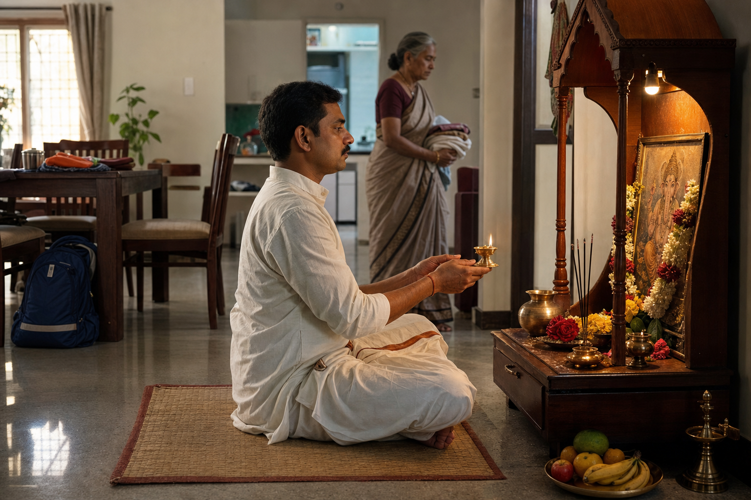 A householder offers a brass oil lamp at a small home shrine while ordinary family items and an elderly relative are visible in the background.
