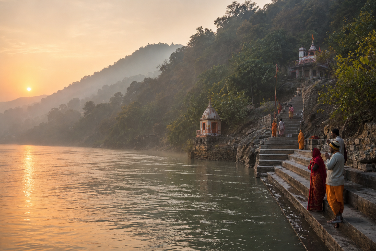 Devotees pause near stone pilgrimage steps overlooking the Ganga and the wooded Vindhya hills in morning mist.