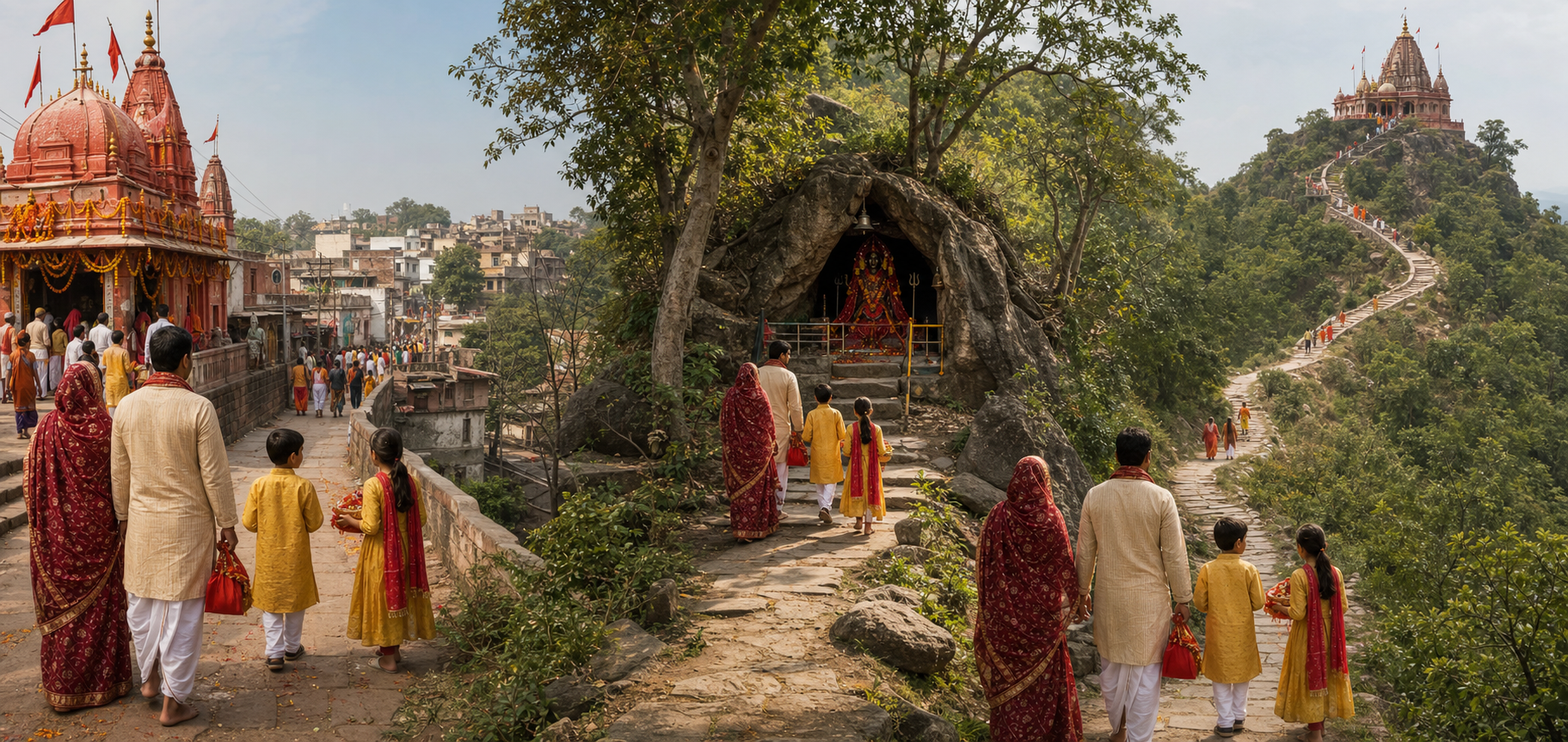 Pilgrims follow a winding route linking a town temple, a wooded cave shrine, and a hilltop shrine during the Trikona Parikrama.