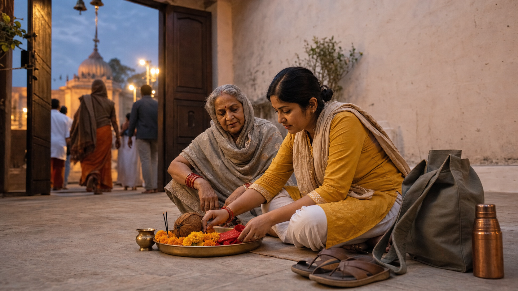 A devotee and an older relative arrange flowers and simple offerings before setting out on the Vindhyachal pilgrimage at dawn.