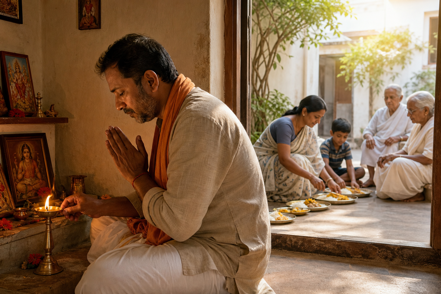 A pilgrim lights an oil lamp at a household shrine as family members prepare food to share with elderly neighbors.