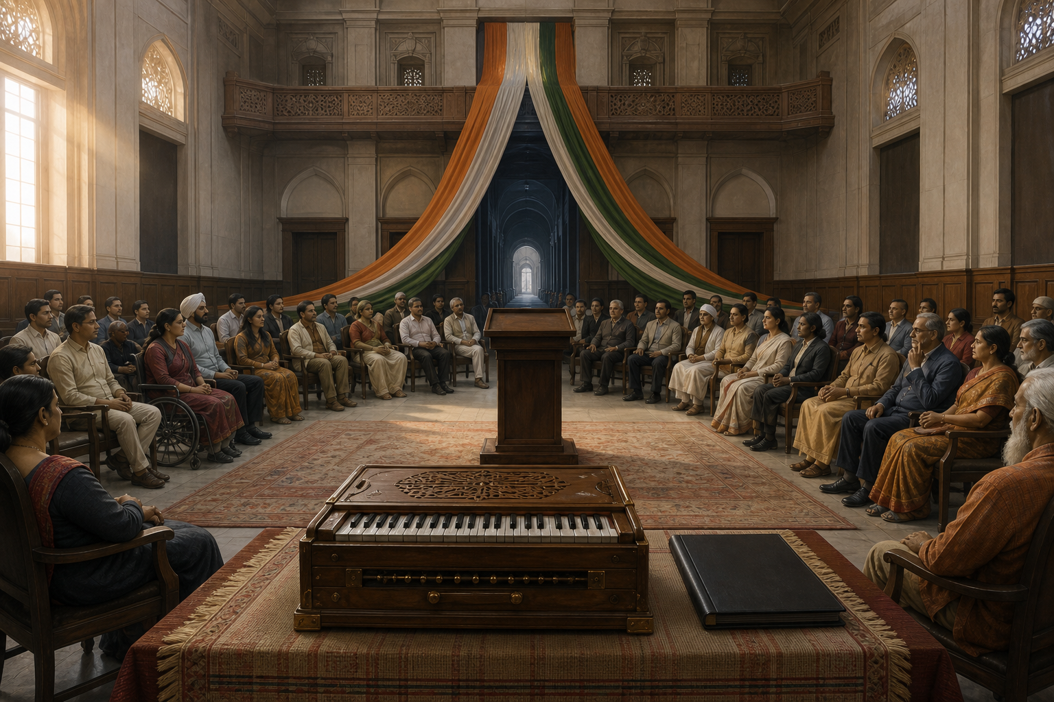 An Indian civic assembly surrounds a ceremonial platform holding a harmonium and an unmarked song folio, while tricolour fabric passes through a narrow opening into the hall.