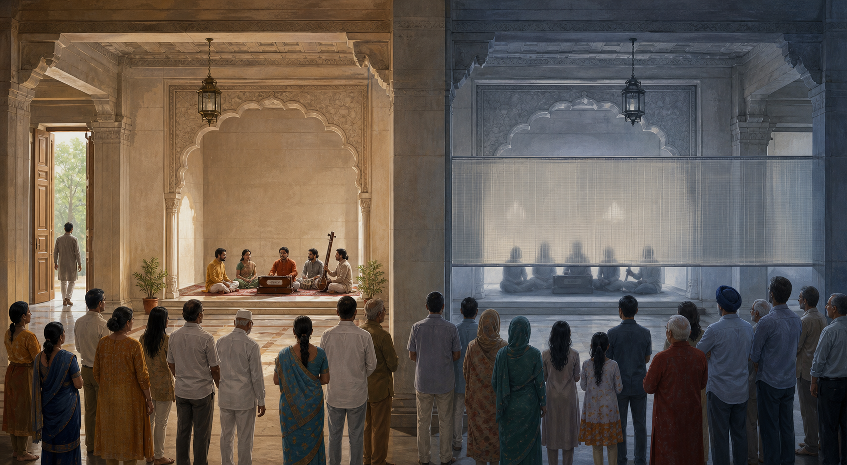 A paired civic scene shows one attendee stepping aside from a musical ceremony on one side and an entire gathering separated from the ceremonial platform on the other.