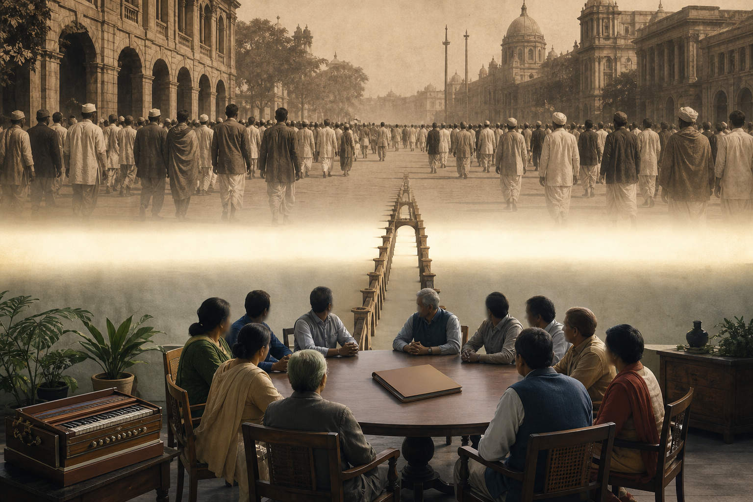 A colonial-era Indian procession appears behind a modern civic committee, with arches linking the two periods and a visible gap separating them.