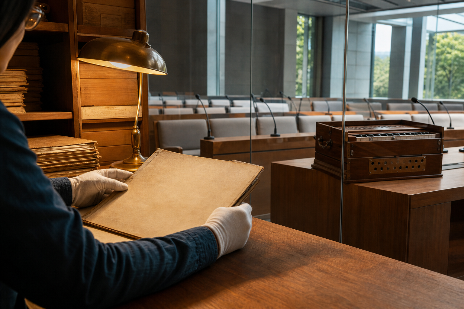 A researcher examines an unmarked archival folder while a modern public meeting chamber and harmonium are visible beyond a glass wall.