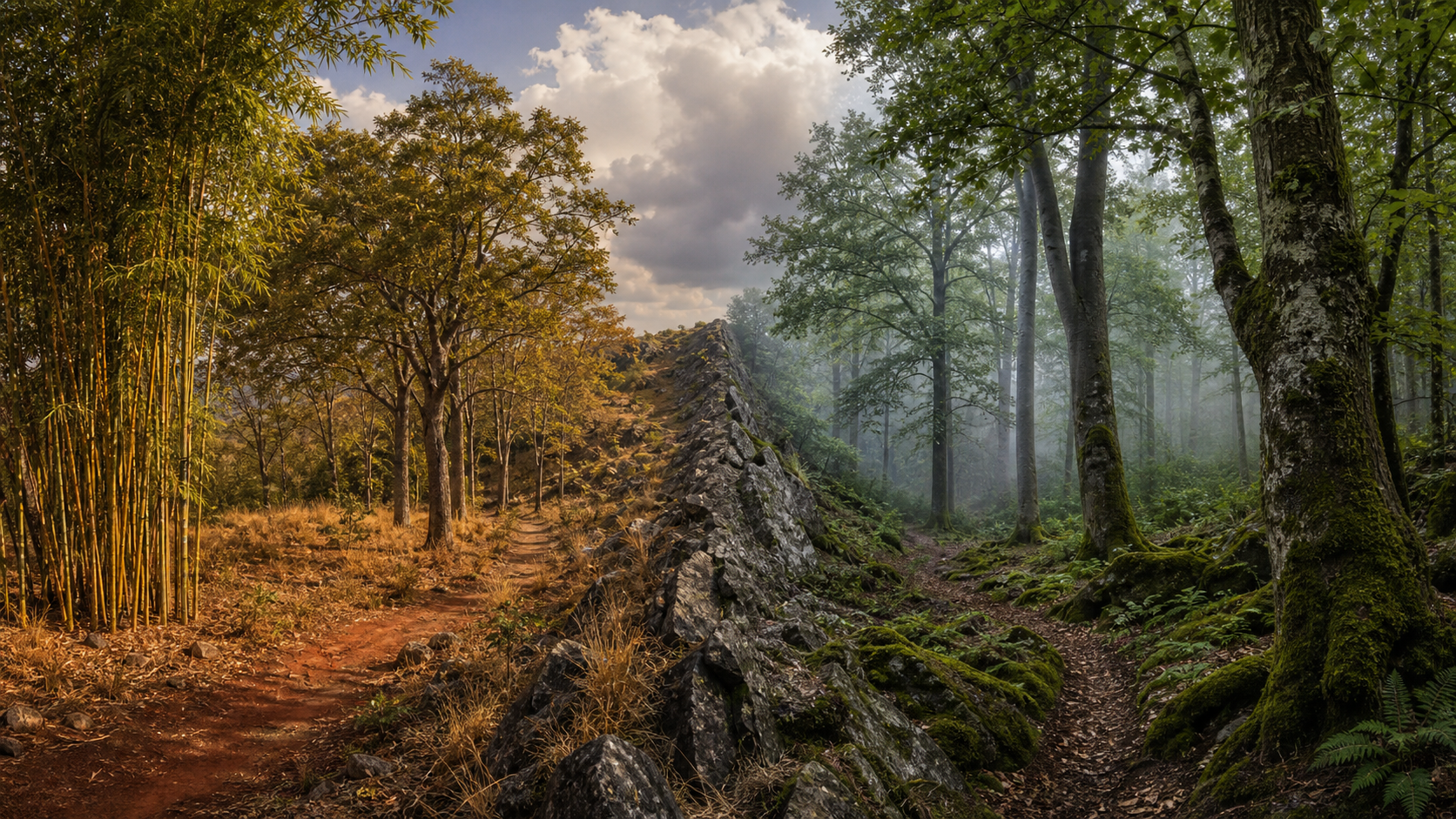 A central Indian dry deciduous forest and a misty European temperate forest appear side by side with their distinct vegetation and climates preserved.