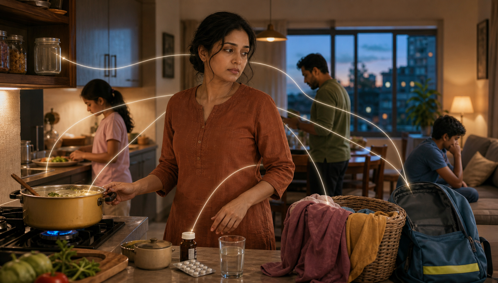 One adult monitors cooking, school supplies, medicine, laundry, and family tension while other household members focus on separate activities.