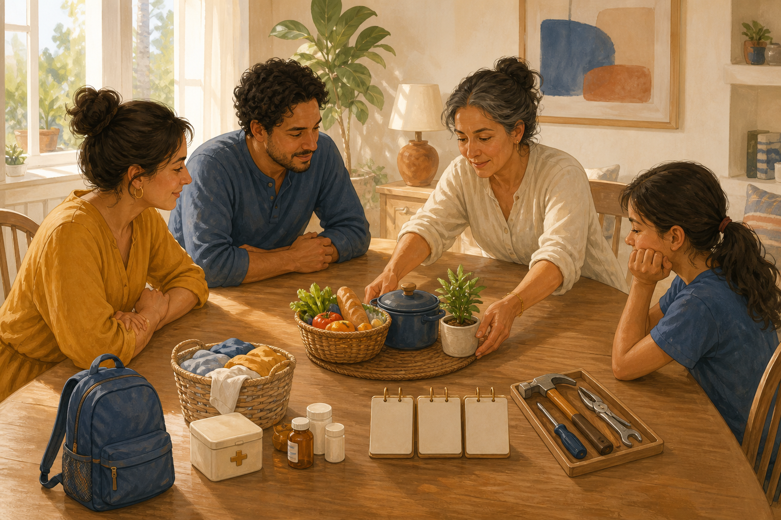 Family members sit together at a dining table and sort unlabeled household objects representing groceries, cooking, school, medicine, laundry, repairs, and caregiving.