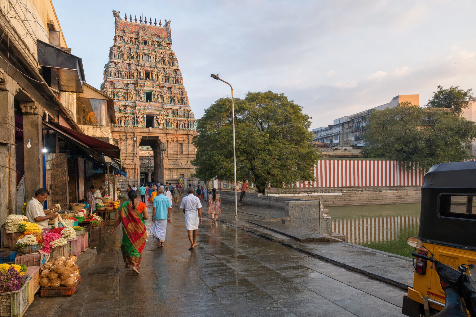 Devotees and offering vendors gather on a Chennai temple street beneath a colorful gopuram, with a temple tank and red-and-white compound walls nearby.