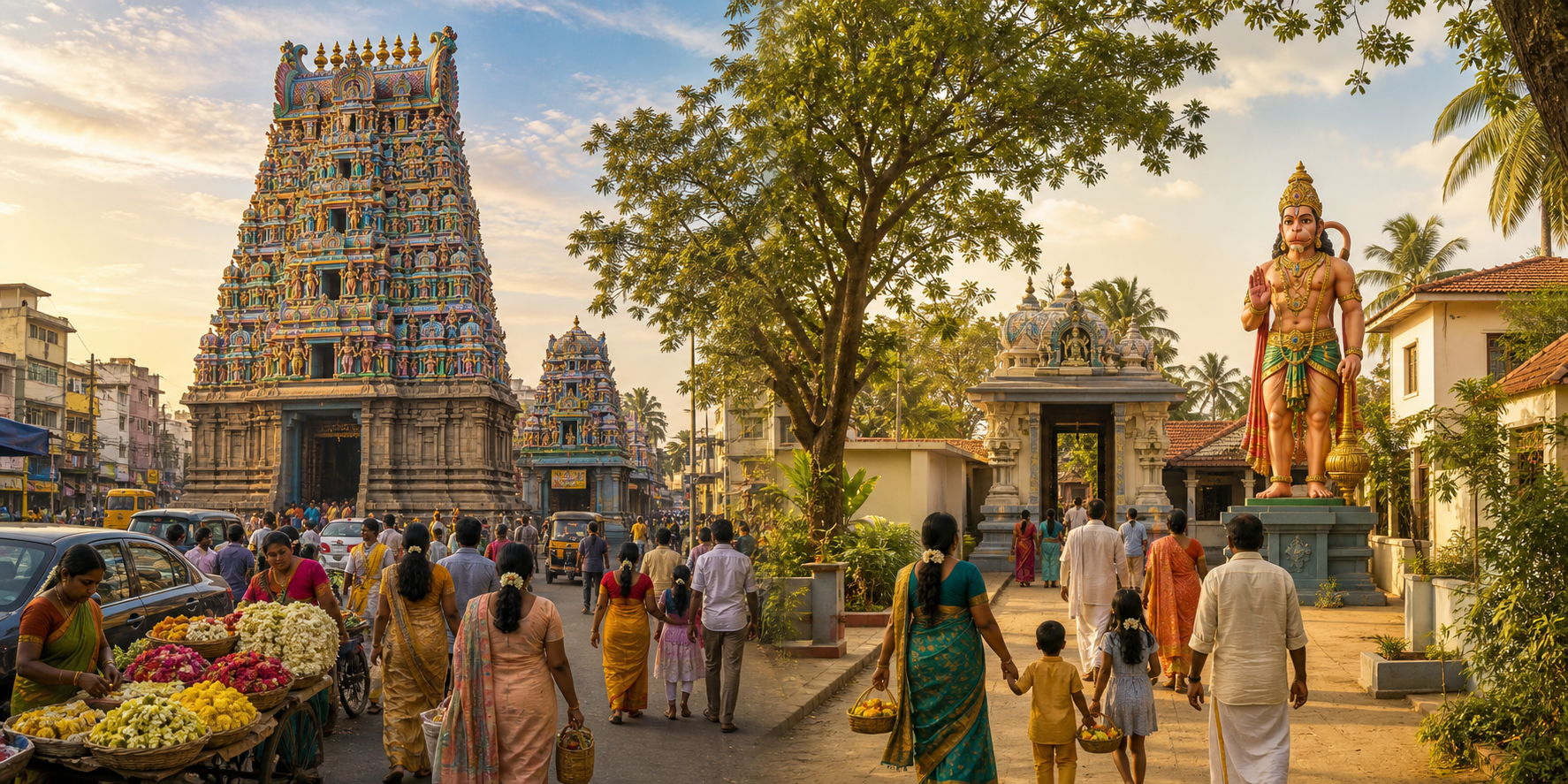 A split urban scene shows a colorful temple gateway in busy Vadapalani and a quieter, tree-lined temple neighborhood inspired by Nanganallur.
