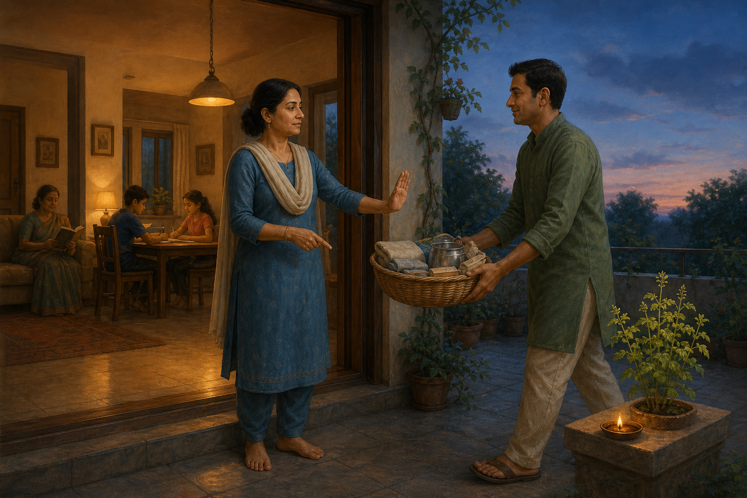 An adult calmly declines an added household request as another family member takes responsibility, beside a softly lit veranda with a diya and tulsi plant.
