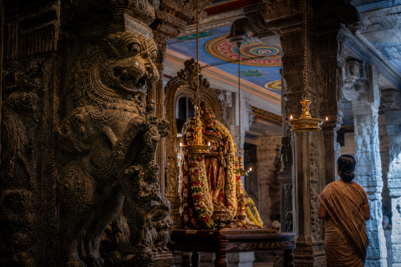 A carved granite yali pillar stands beside brass lamps, flower garlands, a bronze processional deity and painted ceiling details inside a temple hall.