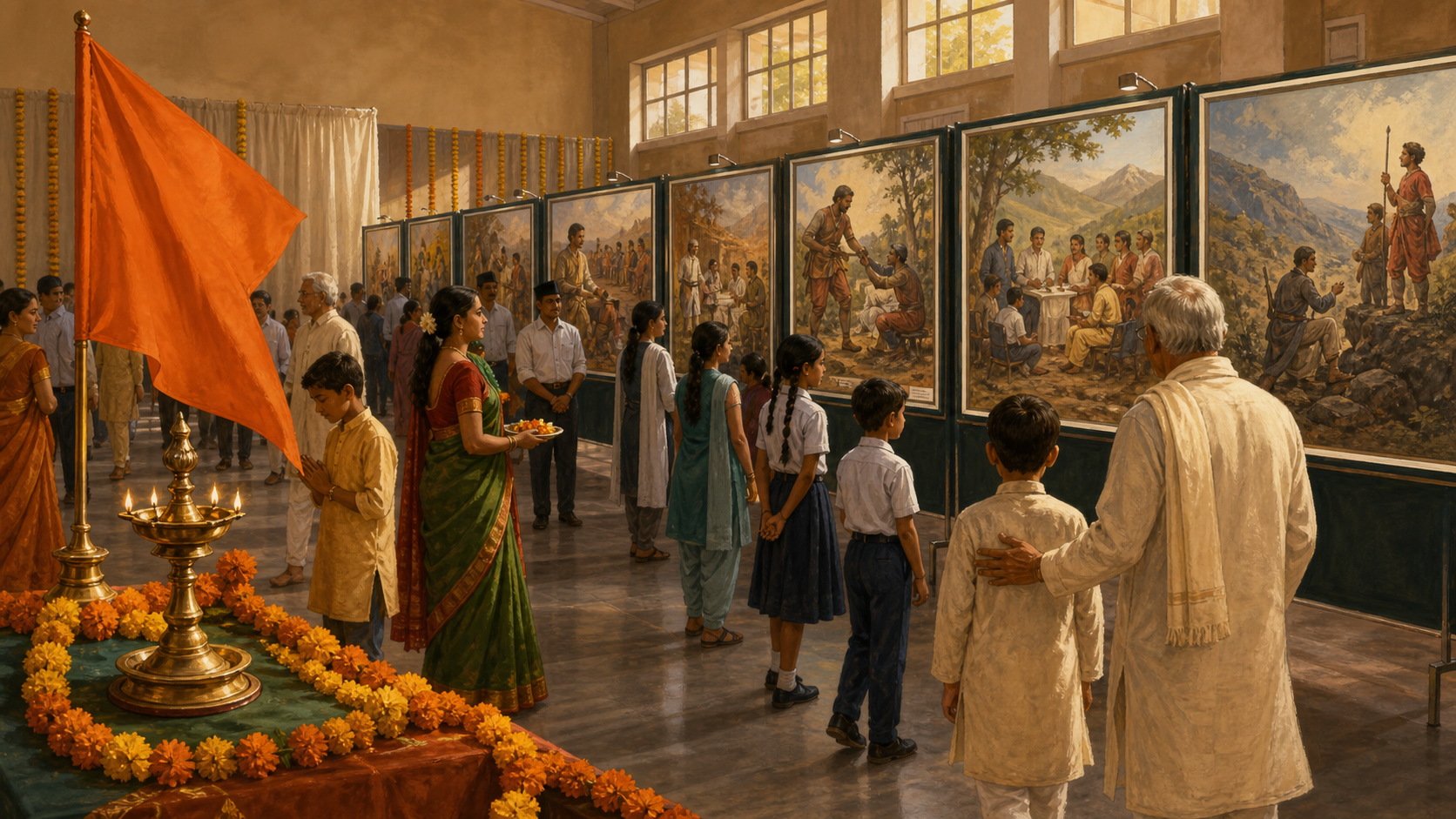 Editorial illustration of families, students, elders, and volunteers visiting a historical-hero exhibition beside lamps and marigold decorations at a Vijayadashami community gathering.