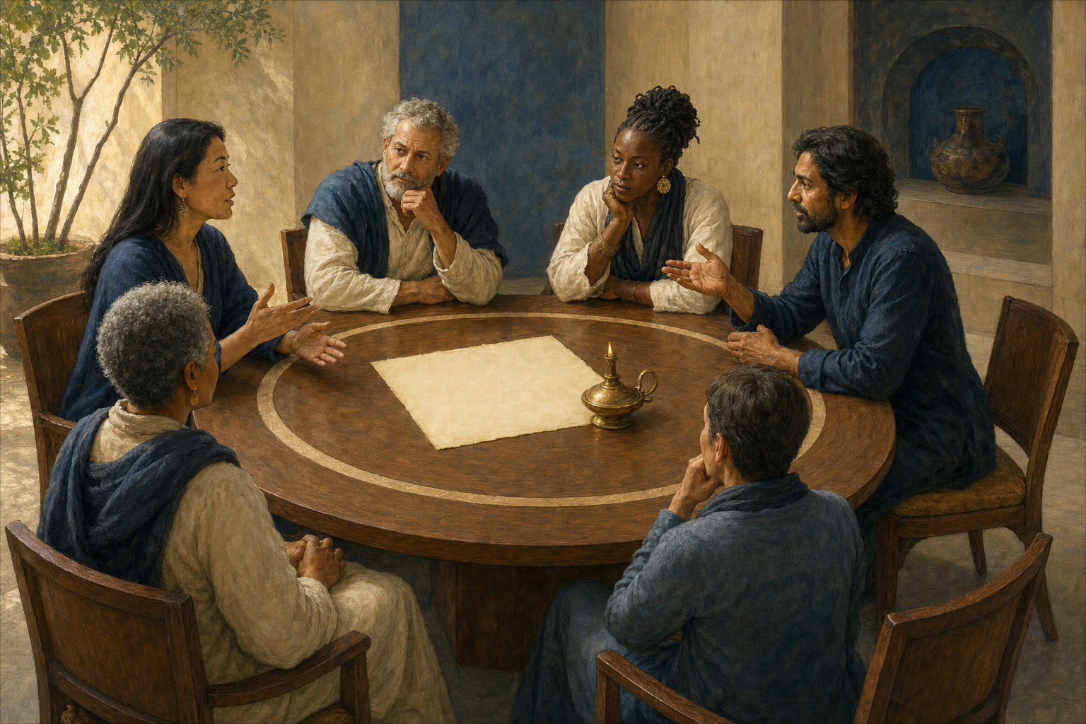 Council members discuss differing views around a round wooden table with a blank parchment and brass lamp at the center.