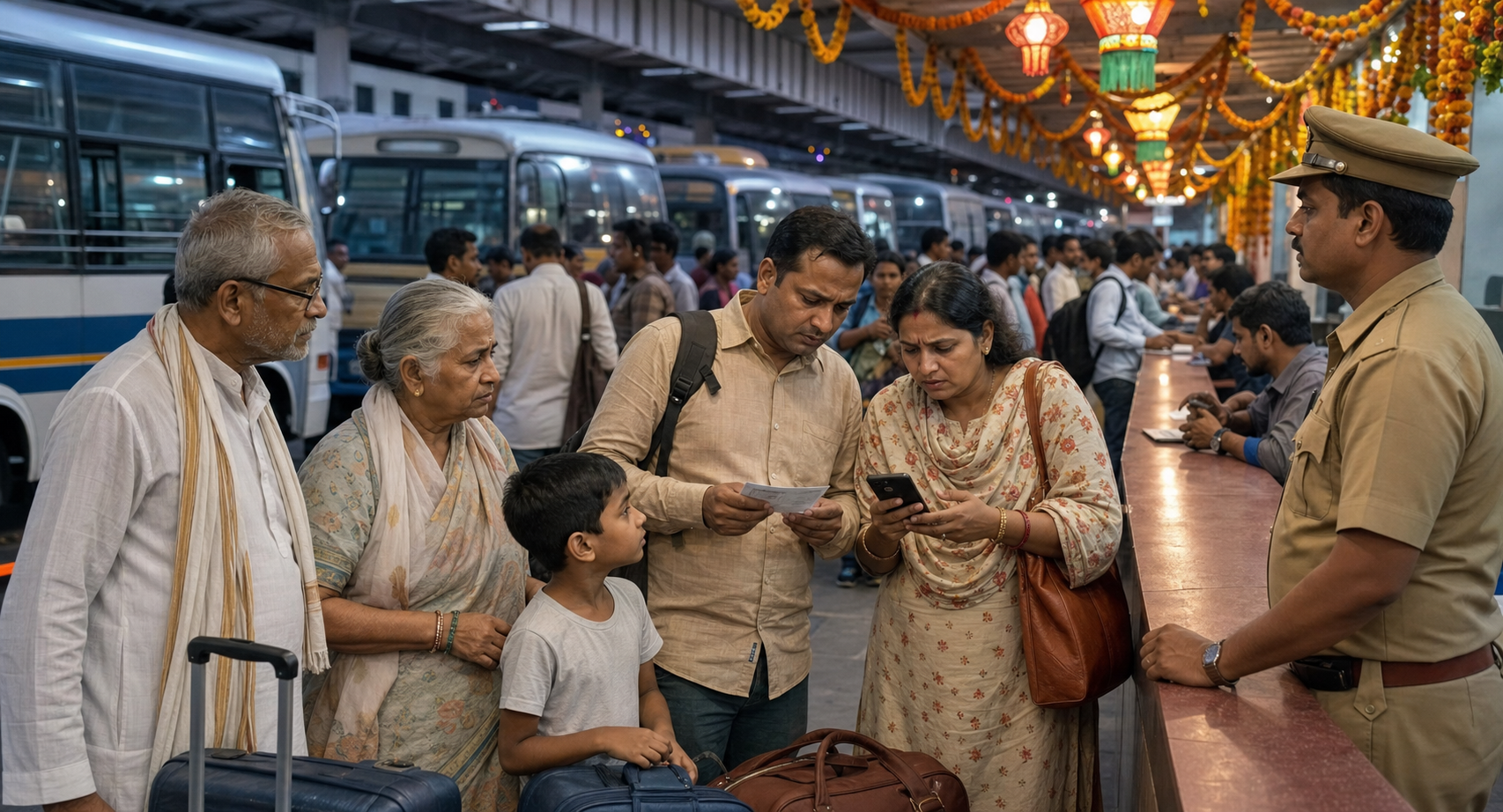 A family compares a bus ticket and phone at a crowded festival-season terminal while a transport official stands near the ticket counter.