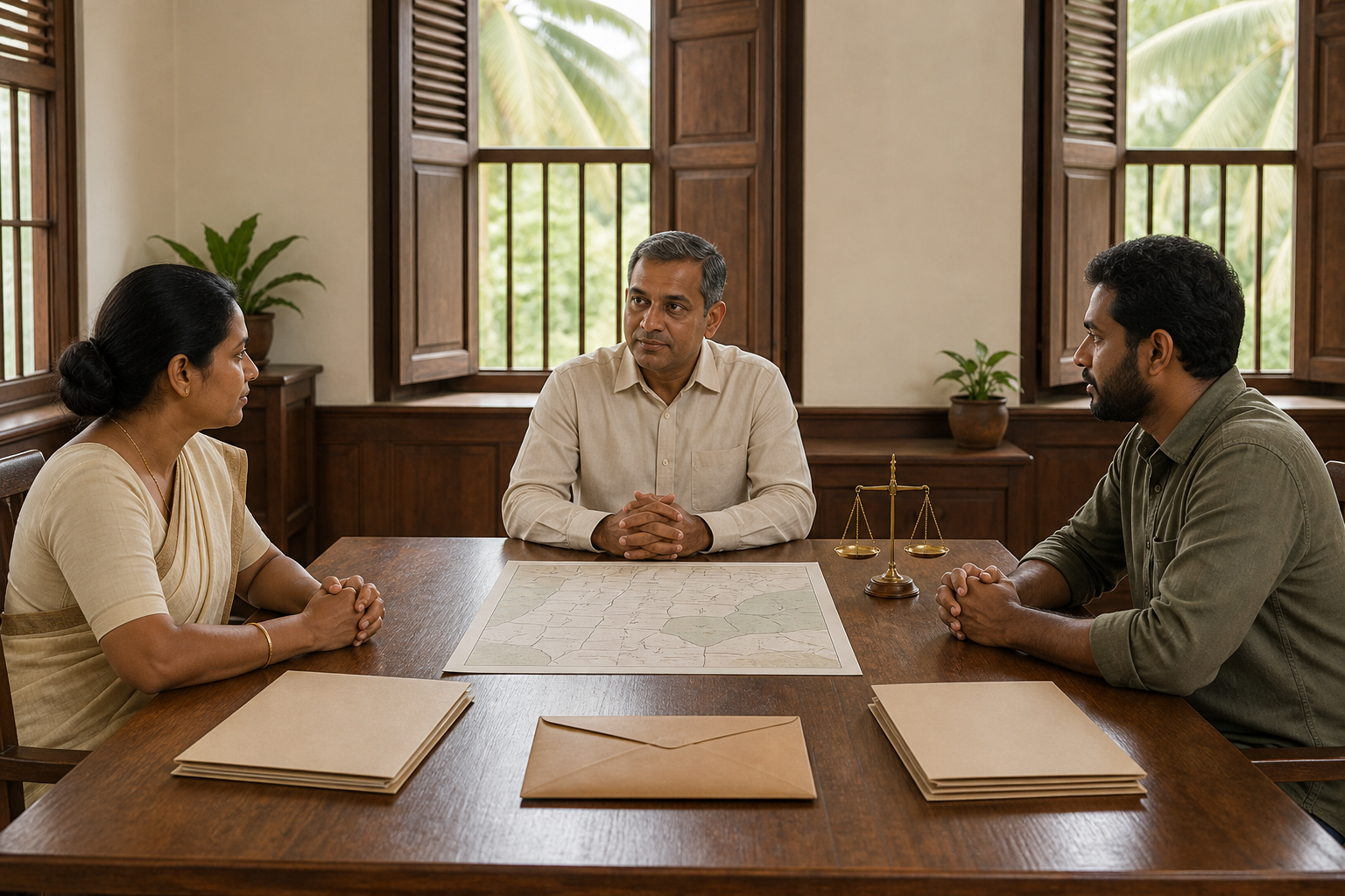 Two people present blank documents and an unlabeled parcel map to a neutral official at a hearing table.