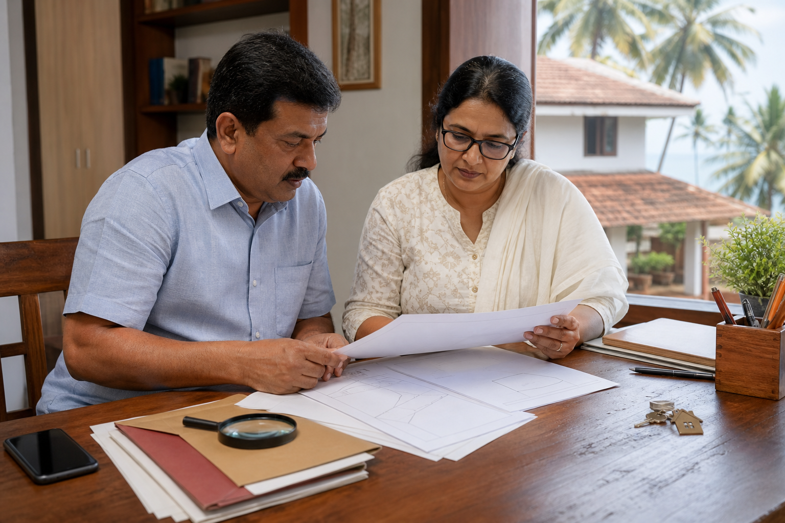 A homeowner and legal adviser examine blank title papers, an unlabeled survey sketch, and house keys at a desk.