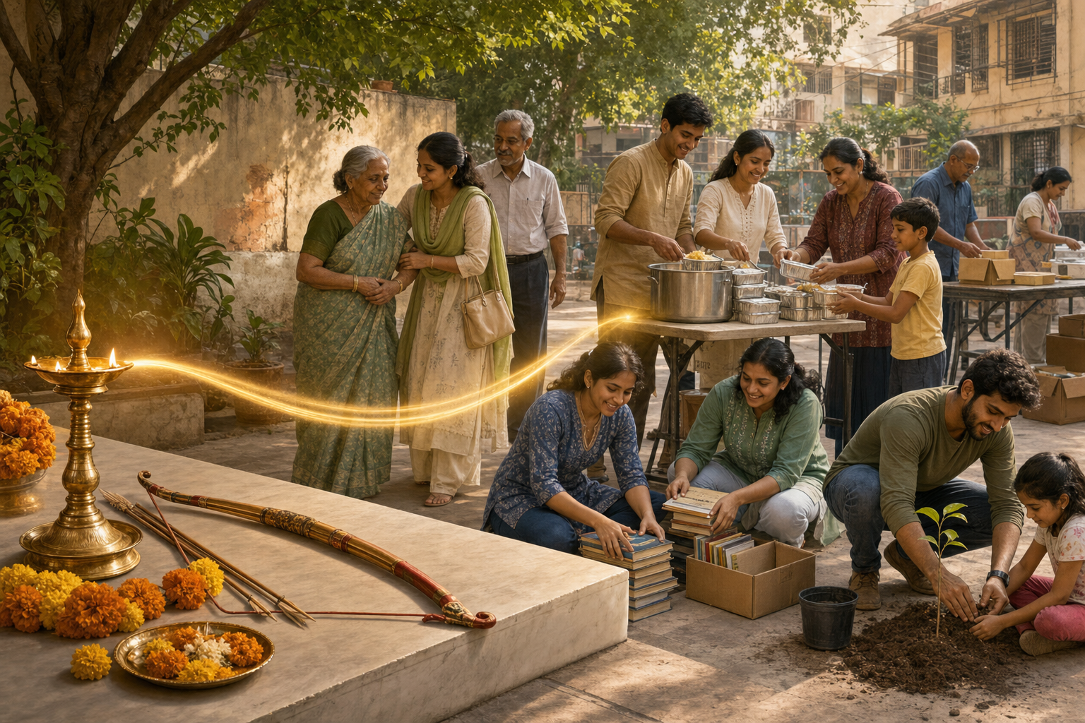 A ceremonial lamp and marigolds visually lead into scenes of volunteers sorting books, preparing food, helping an elder, and planting a sapling.