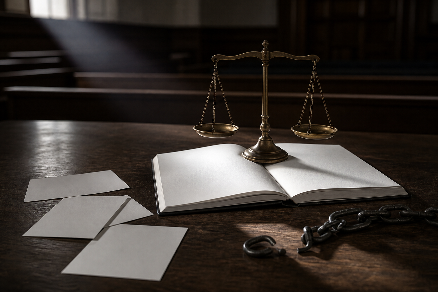 A balanced brass scale stands over blank court papers beside face-down evidence photographs and an unlocked chain.