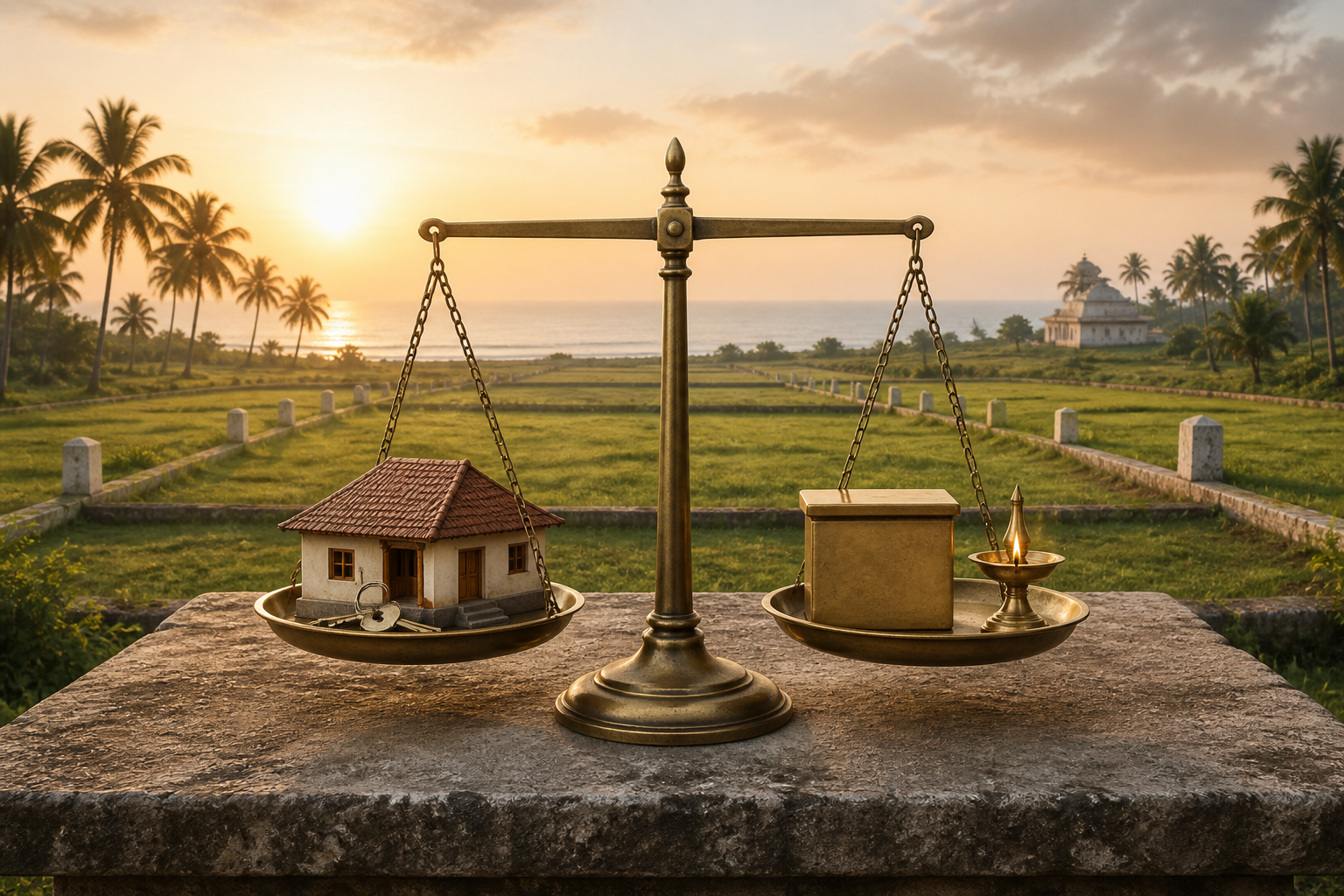 A balanced scale holds a model home and a charitable trust box above surveyed plots in a Kerala coastal landscape.