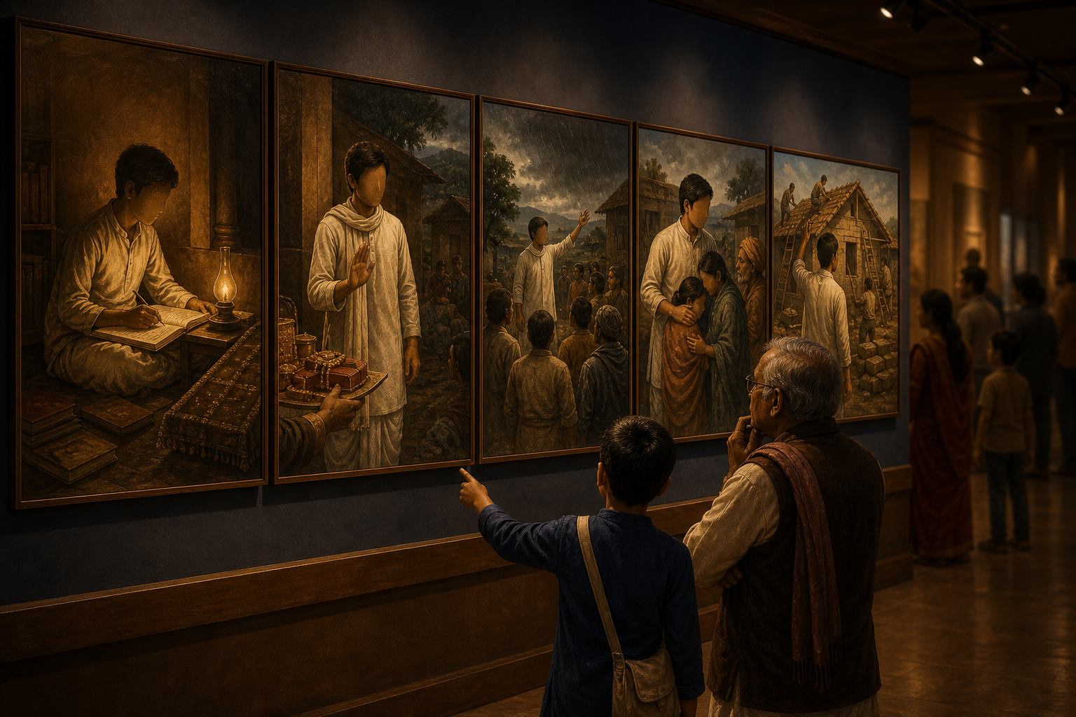 A student and an elder examine sequential exhibition images showing a fictional historical figure studying, aiding villagers, and rebuilding a school.